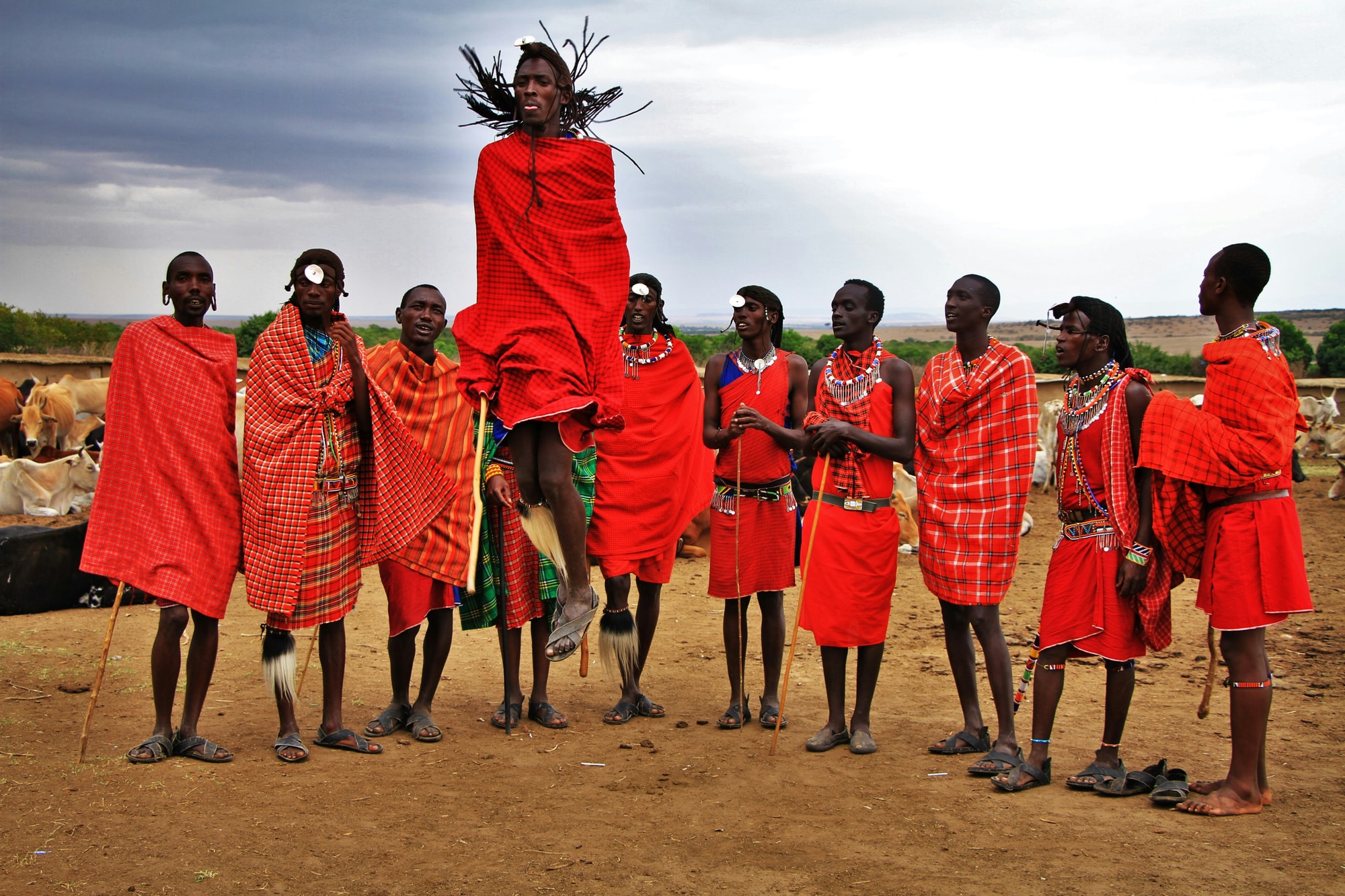 Maasai Mara, Kenya — Maasai warriors in red shukas at the edge of the plains