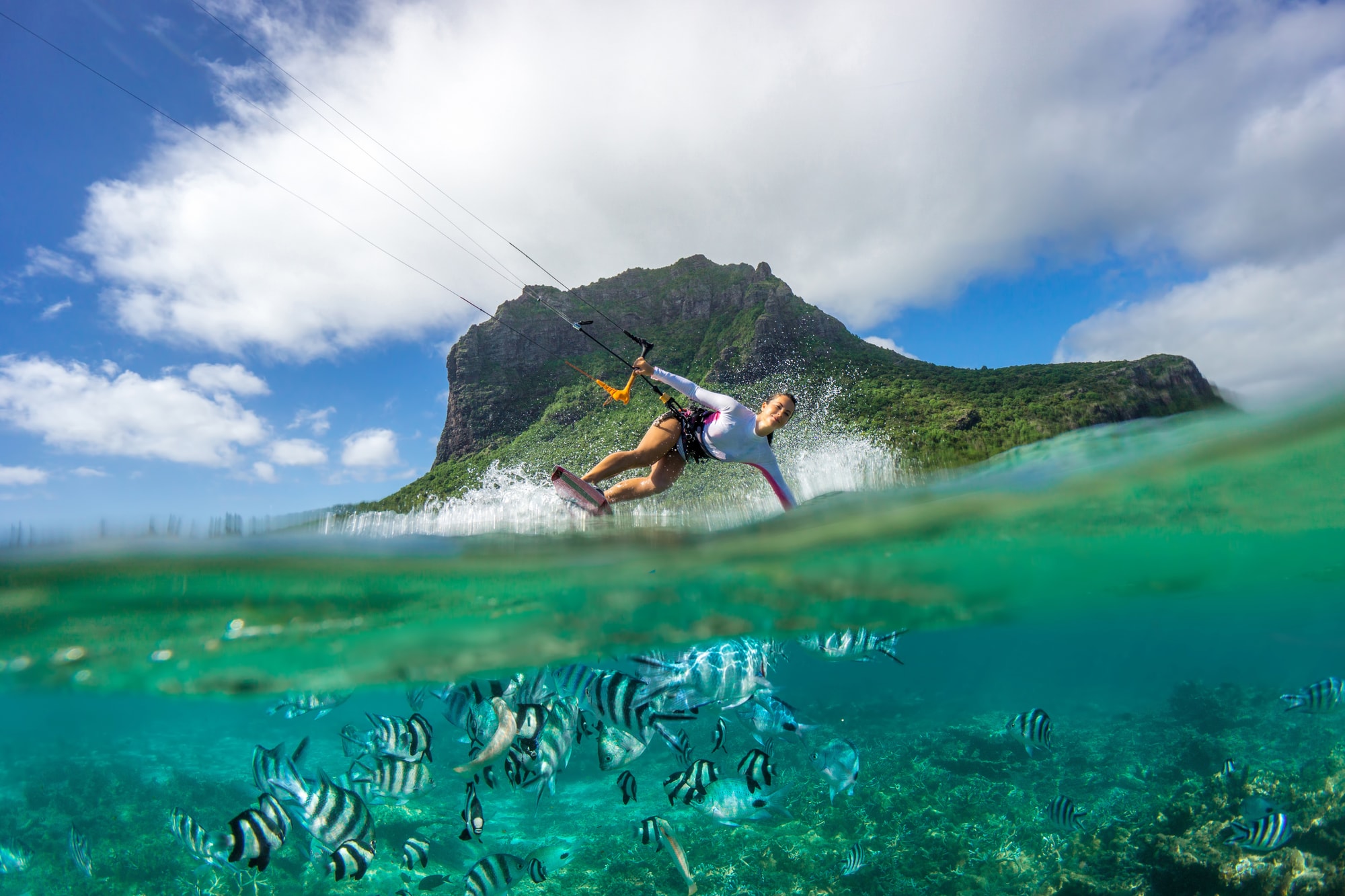 Le Morne Brabant, Black River District, Mauritius — kitesurfing in the turquoise lagoon beneath Le Morne